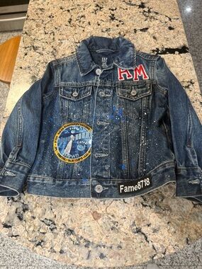 GAP Kids Dark Blue Distressed Denim Jacket with Patches